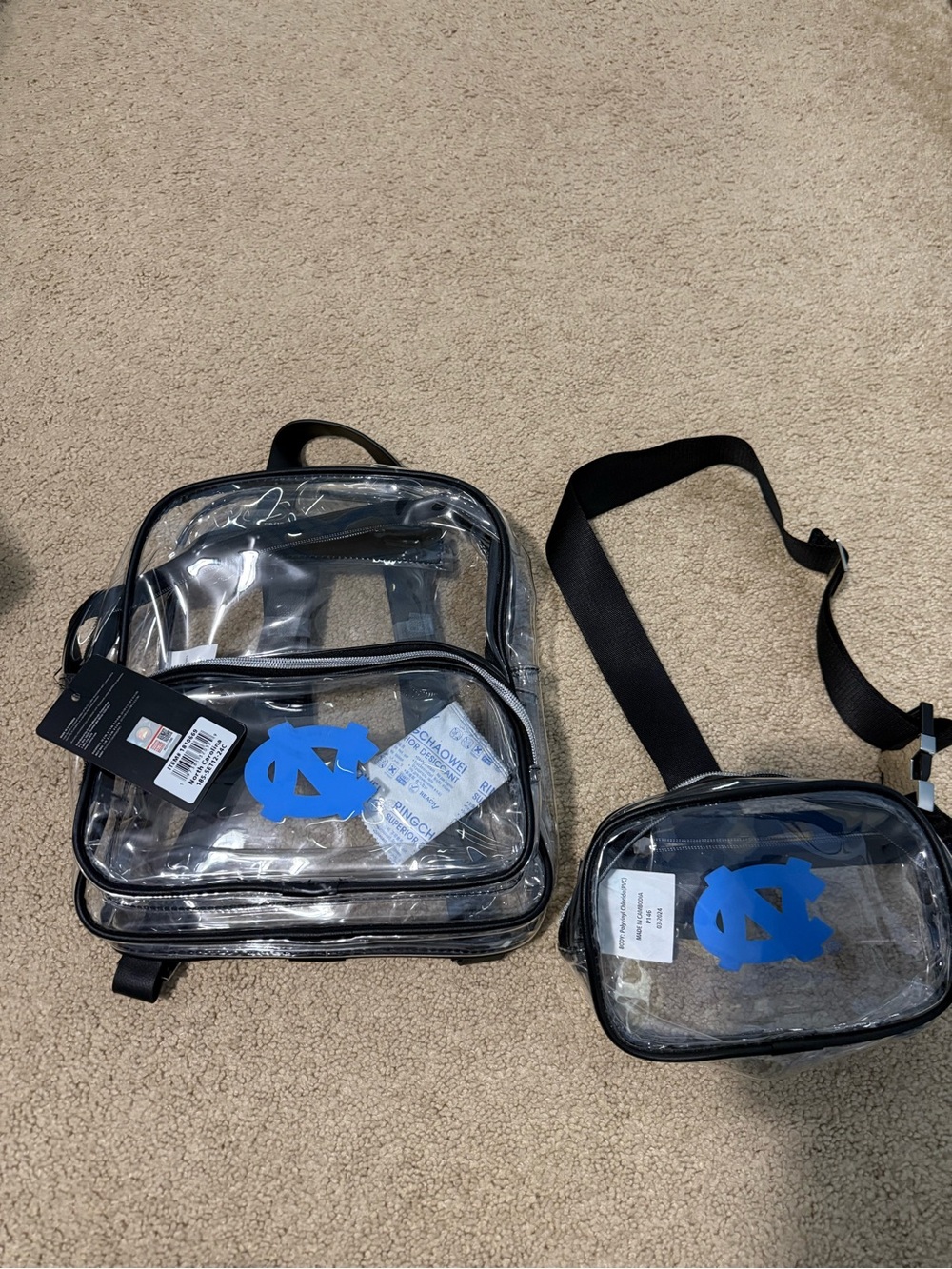 Clear UNC Black-Trim Backpack and Crossbody Set with Blue Logo Accent